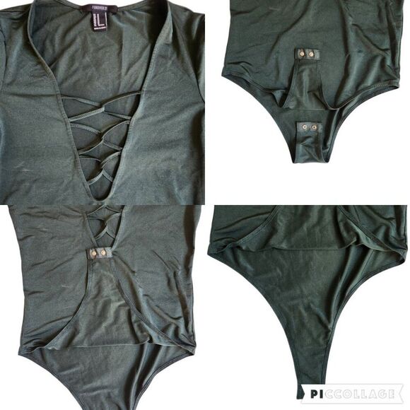 Forever 21 dark green deep plunge caged neckline thin semi sheer bodysuit sz M - Picture 4 of 11